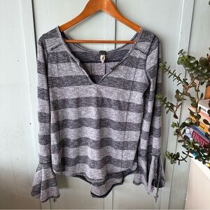 Free People Black and Gray Striped Blouse with Bell Sleeves